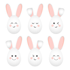 Set of Easter Bunny faces with different emotions. Holiday icons, stickers, decor elements, vector