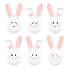 Fototapeta premium Set of Easter Bunny faces with different emotions. Holiday icons, stickers, decor elements, vector