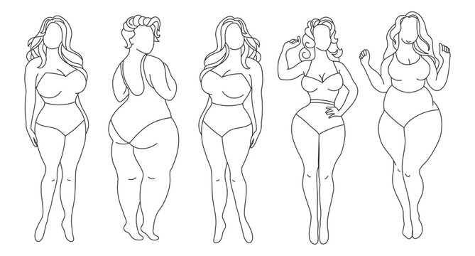 Silhouettes of women with different figures, set, sketch. Body positivity concept. Line art, vector