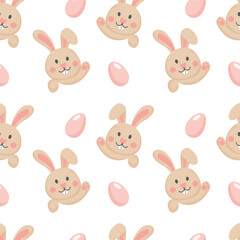 Obraz na płótnie Canvas Seamless pattern, funny faces of Easter bunnies and eggs on a white background. Festive background, print, textile, vector