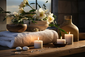 Fototapeta na wymiar Burning candles, towels and flowers in a vase. Hotel spa concept