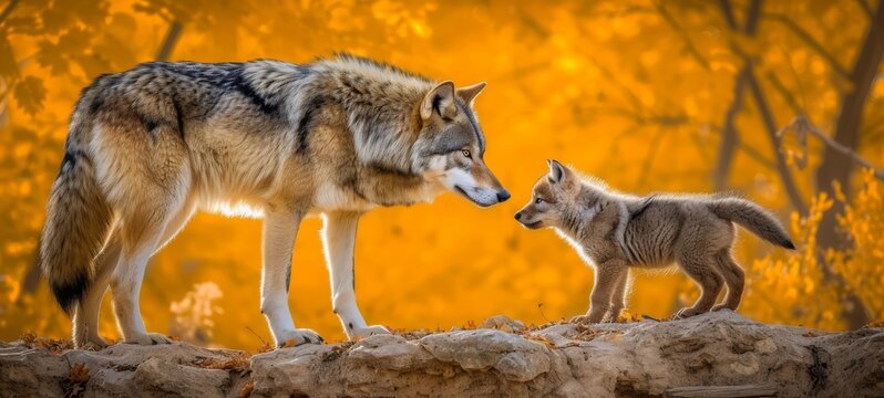 Wildlife animal photography background - Wild wolf with baby on a rock in the forest