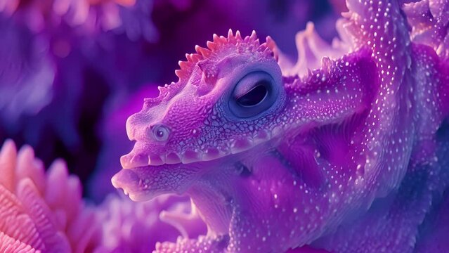 A deepsea diving marine reptile carefully inspects the intricate details of a stunning purple coral its powerful jaws ready to up any unsuspecting fish that may venture too