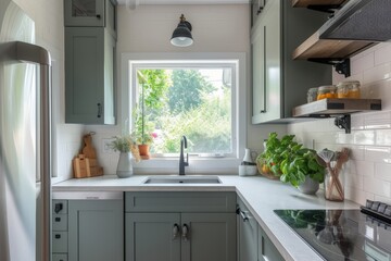 Photo of A compact kitchen cabinetry and a window above the sink area letting in daylight - obrazy, fototapety, plakaty