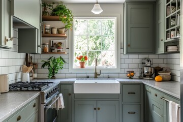 Photo of A compact kitchen cabinetry and a window above the sink area letting in daylight - obrazy, fototapety, plakaty