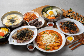 Korean food, snack, gimbap, bulgogi, rice bowl, bibimbap, stir-fried spicy pork, cheese, flying fish roe, rice cake, dumpling soup, tteokbokki, sundae, and Rabokki