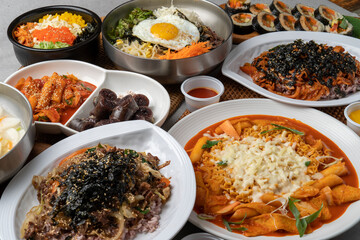 Korean food, snack, gimbap, bulgogi, rice bowl, bibimbap, stir-fried spicy pork, cheese, flying fish roe, rice cake, dumpling soup, tteokbokki, sundae, and Rabokki