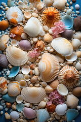 Lots of seashells and pebbles on a white background. Marine pattern. Natural eco background.