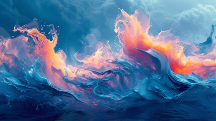 Dynamic strokes of cerulean and coral create an energetic dance, capturing the essence of boundless creativity. 