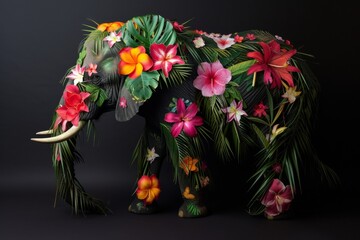 Discover the beauty of the jungle with this stunning illustration of an elephant adorned with vibrant tropical flowers and plants, set against a striking black background.