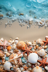 Beach summer vacation banner concept. Seashells and starfish lie on the sand, top view, flat lay, copy space