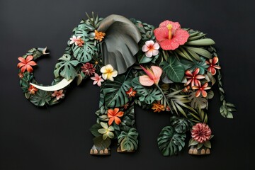 Discover the beauty of the jungle with this stunning illustration of an elephant adorned with vibrant tropical flowers and plants, set against a striking black background.