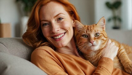 Smiling redhead woman at home cuddling an orange tabby cat.
