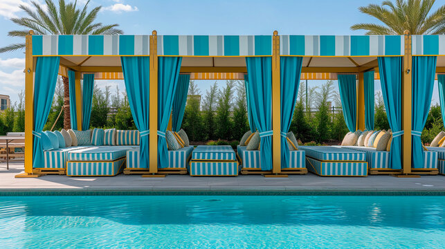 Elegant beach pool in a luxury hotel with poolside cabana outdoor seating
