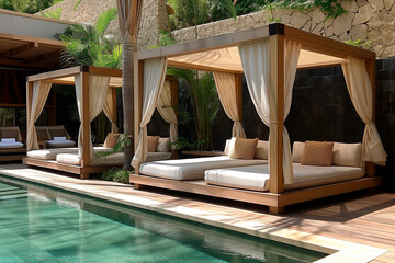 Elegant beach pool in a luxury hotel with poolside cabana outdoor seating