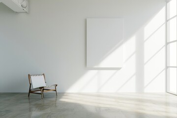 Create your masterpiece in this empty white room with a blank canvas poster mockup on the white wall, using our modern and neutral template to showcase your art.