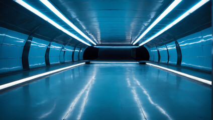 An empty underground environment bathed in a captivating blue glow, ready for personalized text or product display.