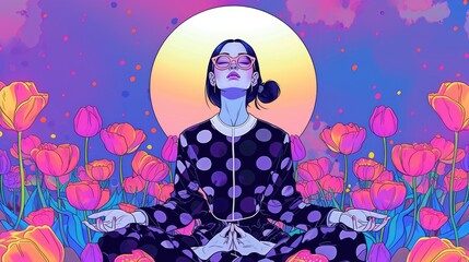 Obraz premium Colorful Pop art abstract illustration of a girl meditating among tulips, retro style