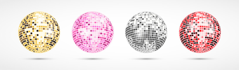 Disco ball set. Realistic shiny mirror disco ball collection. Vector - obrazy, fototapety, plakaty