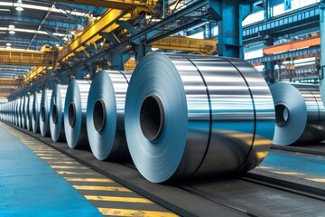 Large rolls of galvanized sheet steel await processing in a bustling factory warehouse, where coils of metal are stacked high alongside iron and aluminium sheets.