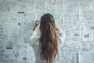 A young businesswoman confidently draws out her strategic business plan on a whiteboard, visualizing success through charts, graphs, and innovative ideas for growth.