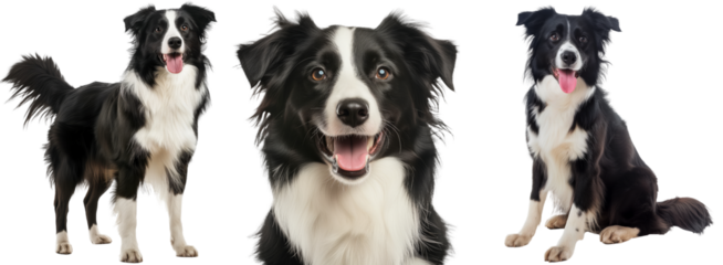 Happy border collie dog bundle, portrait, standing and sitting, isolated on a white background