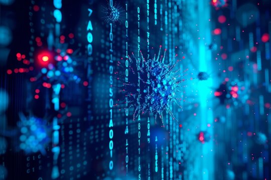 Hackers use sophisticated techniques to scam systems, leaving a warning on screens with a background of code, alerting users to a cyber virus threat.