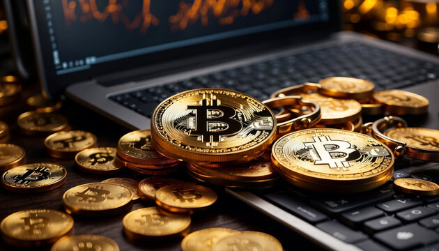 Bitcoins lie on laptops