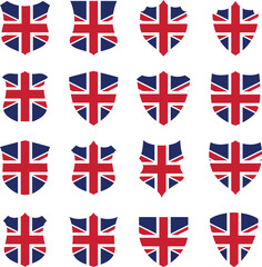 United Kingdom flag - flat collection Badges. UK Flags of different shaped sixteen flat icons. Vector illustration set. Editable.