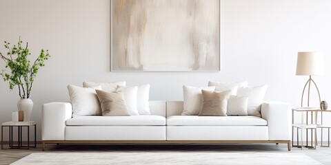 Fototapeta na wymiar Modern white sofa in chic living room.