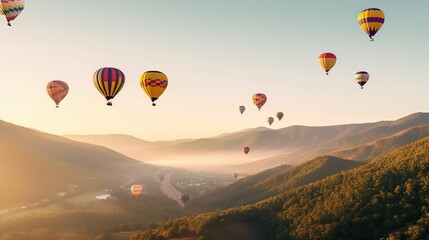 Naklejka premium Colorful hot air balloons flying over mountain
