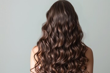 Fototapeta premium Capture the essence of elegance with this stunning back view of a young woman, showcasing her shiny brown hair full of volume and natural curls, styled to perfection.