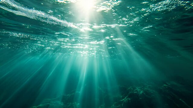Sunlight streams into the sea in streaks through the ripples of water, as seen from below the ocean's surface. The interplay of the clear blue color of the sea and the light creates a balance of still