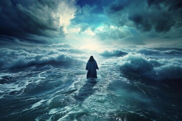 Jesus Christ demonstrates his power and faith as he miraculously walks on water during a storm, showcasing his divine ability to calm the sea and inspire his disciples.