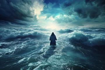 Selbstklebende Fototapeten Jesus Christ demonstrates his power and faith as he miraculously walks on water during a storm, showcasing his divine ability to calm the sea and inspire his disciples. © tonstock