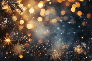 Celebrate the holidays with a festive background featuring dark and gold fireworks, stars, and bokeh. Perfect for any celebration or event.