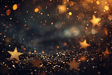 Obraz premium Get ready to celebrate in style with this festive dark background featuring shimmering gold stars and glitter. Perfect for New Year's, birthdays, and holiday parties.