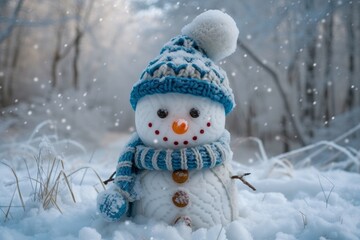 Obraz premium Cute and funny snowman dressed in a cozy blue knitted bobble hat and scarf, standing in a snowy winter forest, ready to spread holiday cheer.