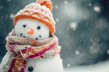 Adorable snowman dressed in a warm knitted scarf and hat stands in a snowy winter wonderland, bringing a touch of magic and fun to the frosty forest scenery.