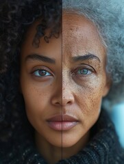 Comparison Young and Elder Face of Beautiful African-American Woman. Concept of Life, Health and Beauty. Before and After Changes.