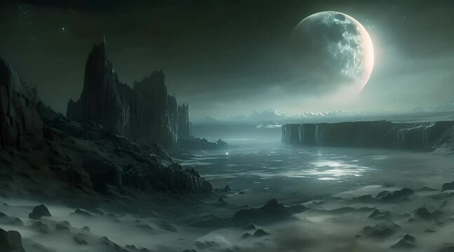 Panning shot of a deserted rocky alien planet with a gigantic moon in the sky