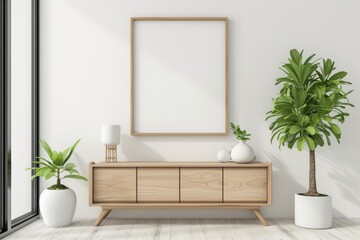 Enhance your living room with this farmhouse-style interior, featuring a blank poster frame mockup on a white wall, perfectly complemented by a wooden sideboard and fresh green plant.