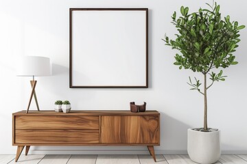 Enhance your living room with this farmhouse-style interior, featuring a blank poster frame mockup on a white wall, perfectly complemented by a wooden sideboard and fresh green plant. - obrazy, fototapety, plakaty