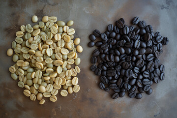 Comparison between roaste and raw unroasted coffee beans seed