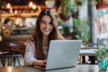 A young woman, smiling as she sits in a cafe, uses her laptop to work on her college assignments, embracing the convenience of remote learning.