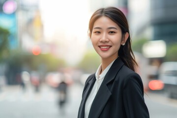 Obraz premium A young Asian businesswoman walks through the bustling city streets, talking on her phone while managing her busy work schedule with ease and happiness.