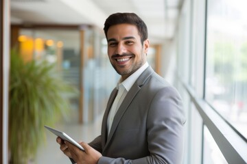 Happy young Latin business man executive confidently uses tablet technology in the office, managing corporate finances and investments with ease.