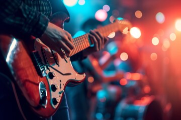 Obraz premium Music fills the air as a live band takes the stage, the guitarist strumming away as the concert comes to life. The crowd sways to the rhythm, the rock musicians playing with passion.