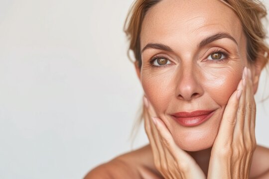 A beautiful 50-year-old woman smiles confidently, showcasing her flawless skin and natural beauty. She embodies the essence of mature skincare and radiates wellness.