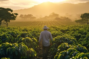 Fototapeta premium A farmer wearing a hat walks through his coffee plantation at sunrise, breathing in the fresh countryside air and admiring the green landscape of rural Mexico.